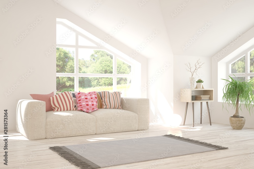 Stylish room in white color with sofa and summer landscape in window. Scandinavian interior design. 3D illustration Stylish room in white color with sofa and summer landscape in window. Scandinavian interior design. 3D illustration