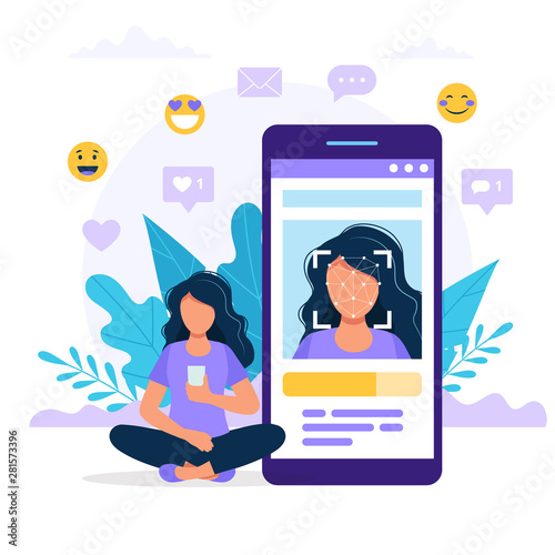 Face recognition technology concept illustration. Woman sitting next to big smartphone with photo on it. Vector illustration in flat style