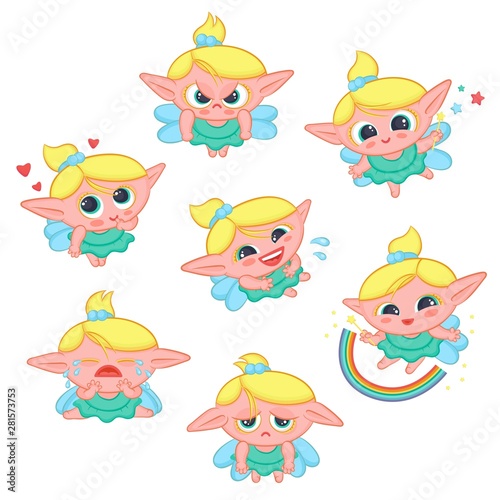 Cute little fairy with wings expresses different emotions joy sadness anger. Cartoon elf sorceress in dress and with magic wand vector set isolated illustration.