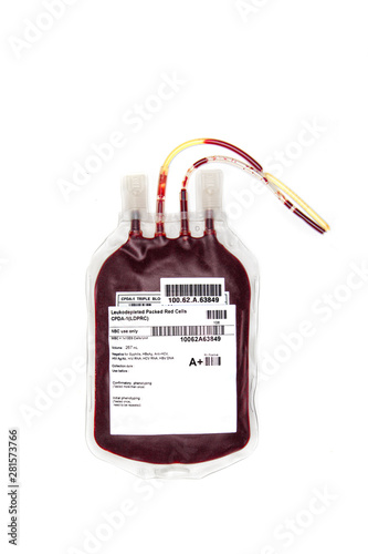A bag of fresh blood with blood group labelled.