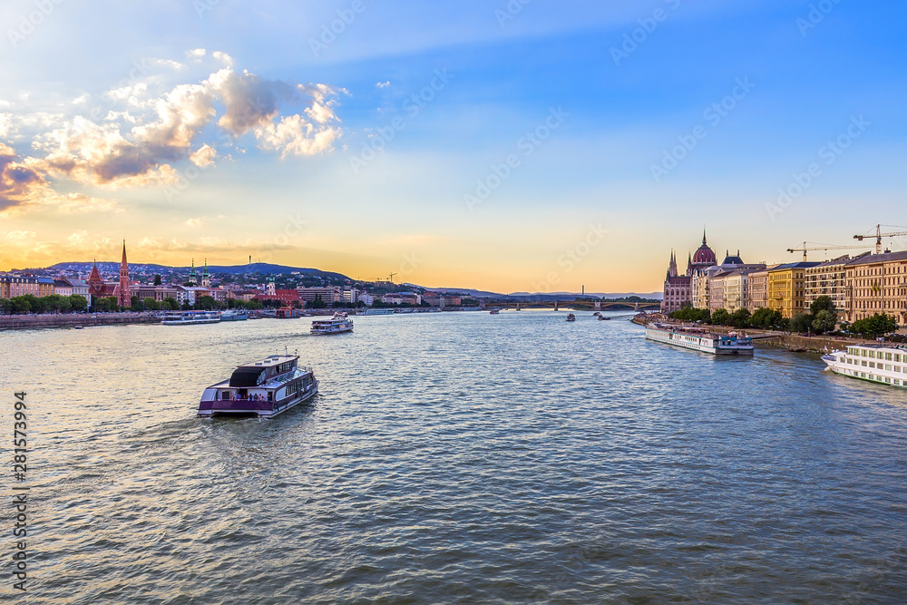 Cruise ships on the Danube River in the evening in Budapest