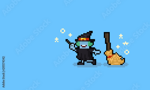 Pixel art cartoon witch character with broom.8bit.halloween.