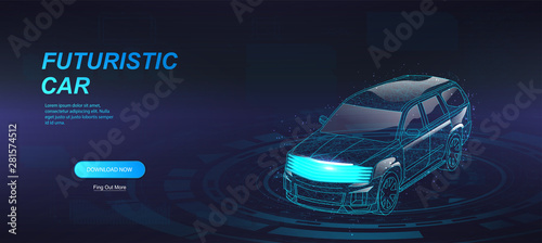 Futuristic jeep in the form of a starry sky or space. 3d model hologram crossover,  consisting of points, lines, and shapes in the form of planets, stars and the universe. Smart and future concept car