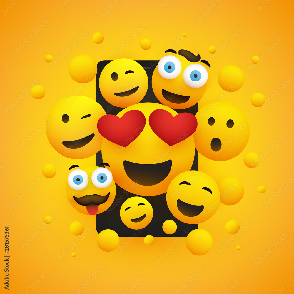 Various Smiling Happy Yellow Emoticons in Front of a Smartphone Screen, Vector Concept Illustration Various Smiling Happy Yellow Emoticons in Front of a Smartphone Screen, Vector Concept Illustration
