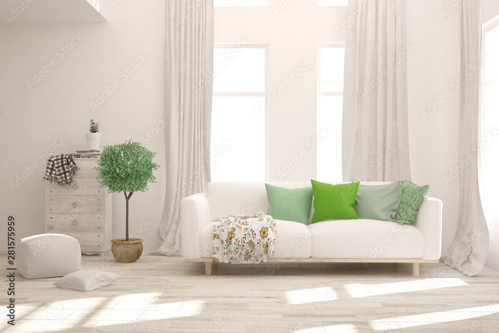 Fototapeta premium Stylish room in white color with sofa. Scandinavian interior design. 3D illustration