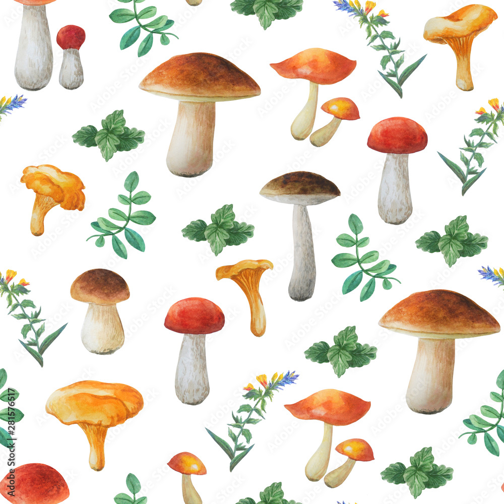 Beautiful seamless floral pattern on white background.  Watercolor hand drawn mushrooms and green leaves. 