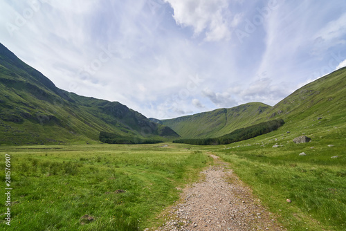 The Footpath looking up Glen Doll, a Glacial U Shaped Valley situated in the Cairngorm National Park in the Highlands of Scotland.