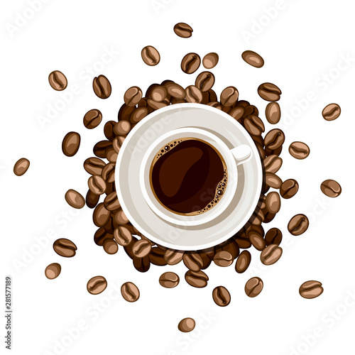 Cup of coffee and coffee beans. Top view. Vector illustration.