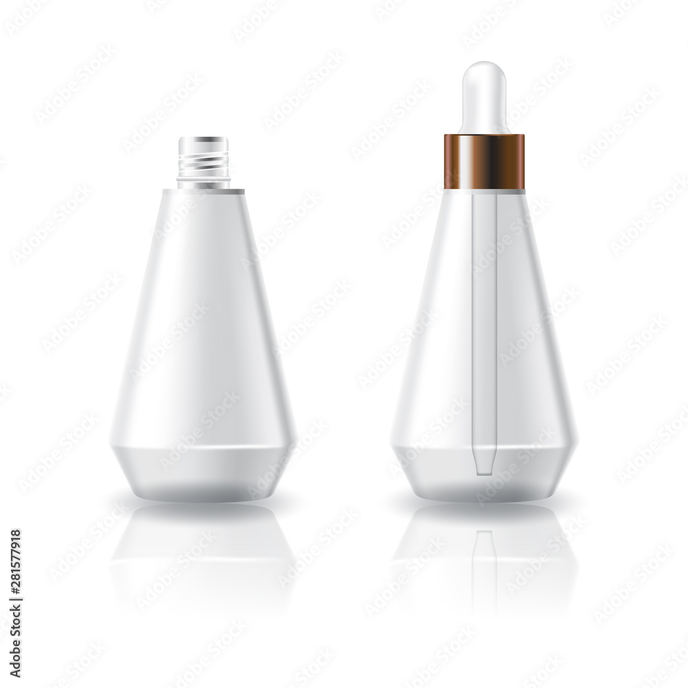 Blank clear cosmetic cone shape bottle with white dropper lid for beauty or healthy product. Isolated on white background with reflection shadow. Ready to use for package design. Vector illustration.