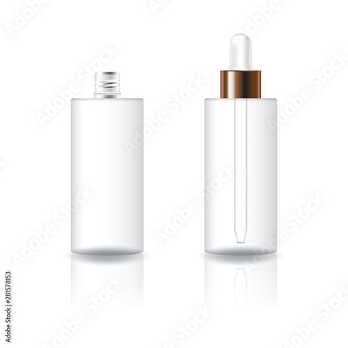Blank clear cosmetic cylinder bottle with white dropper lid for beauty or healthy product. Isolated on white background with reflection shadow. Ready to use for package design. Vector illustration.