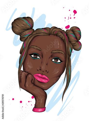 Beautiful black girl with buns and bow on her head. Fashion and style, clothing and accessories. Summer. Vector illustration for postcard or poster, print for clothing and accessories