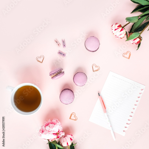 Greeting card with peonies tea and macaroons.