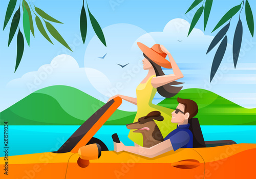 Summer seaside ride in an orange cabriolet