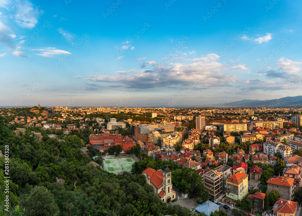 Aerial panoramic sunset over Plovdiv city, Bulgaria