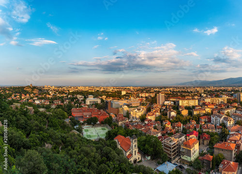 Aerial panoramic sunset over Plovdiv city, Bulgaria