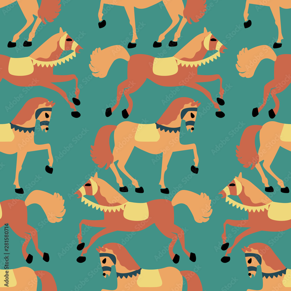 Naklejka premium Yellow and orange horses in a seamless pattern design