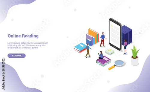 online or digital reading book concept with people read on smartphone apps with modern isometric flat style for website template or landing homepage banner - vector