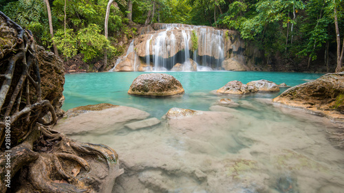 Beautiful waterfall in Erawan waterfall National Park in Kanchanaburi  Thailand