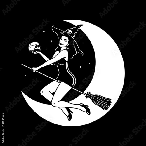 HALLOWEEN YOUNG WITCH WITH SKULL WHITE BLACK BACKGROUND