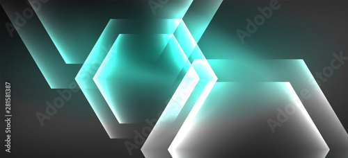 Neon color hexagon shapes, lines on black background. Modern template for web backdrop design. Abstract geometric frame © antishock