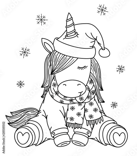 Vector  unicorn cartoon in Christmas hat, black silhouette for coloring.