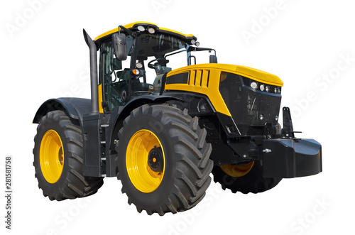 Big yellow agricultural tractor isolated on a white background