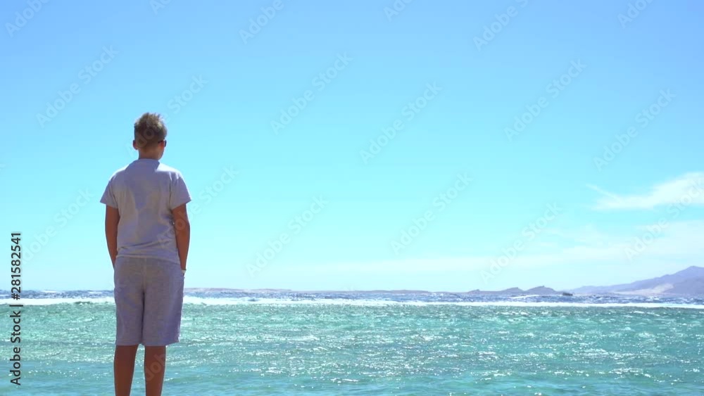 Young white kid standing alone at sea shore with back to camera. Boy enjoying beautiful marine landscape during summer holiday at tropical country. Landscape of Egypt. Slow motion video footage. Young white kid standing alone at sea shore with back to camera. Boy enjoying beautiful marine landscape during summer holiday at tropical country. Landscape of Egypt. Slow motion video footage.