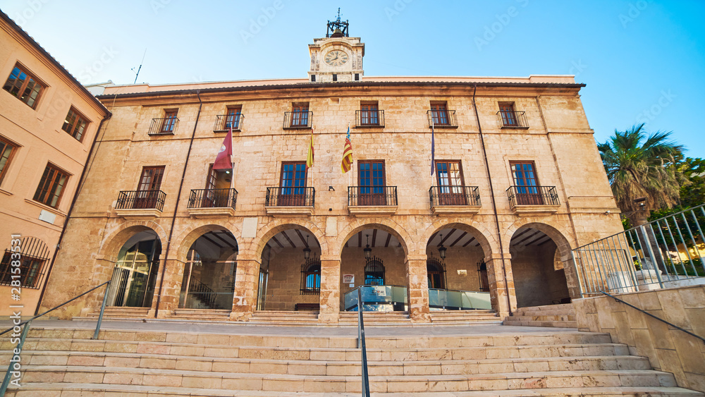 DENIA, SPAIN - JUNE 19, 2019: A view of the Town Hall, located on Placa de la Constitucio