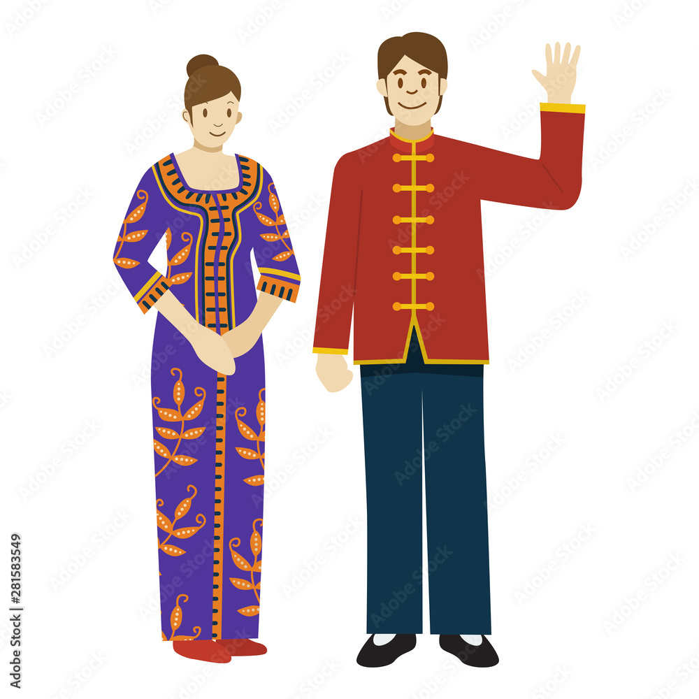 Flat design, Singaporeans in traditional dress on white background, Vector