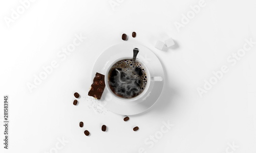 cup of coffee with coffee beans, a piece of chocolate with nuts, saucer and spoon isolated on a white background, 3d render