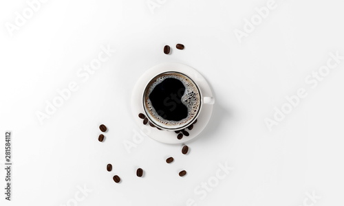 cup of coffee with coffee beans, saucer and spoon isolated on a white background, 3d render
