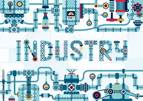 Steampunk industry frame banner of complex pipeline mechanisms and assemblies. Machinery template with the word industry.