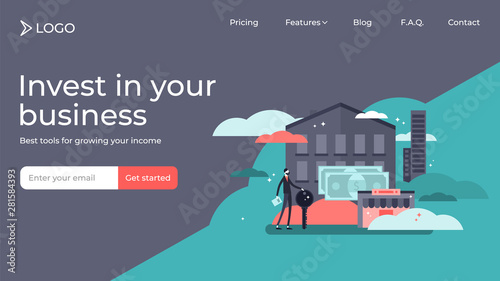 Real estate investing flat tiny persons vector illustration landing page template design