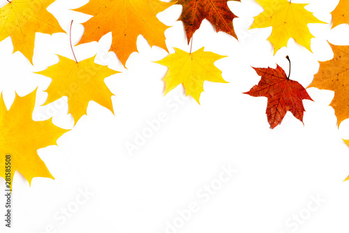 Autumn pattern composition. Pattern made of autumn leaves. Flat lay, top view, copy space