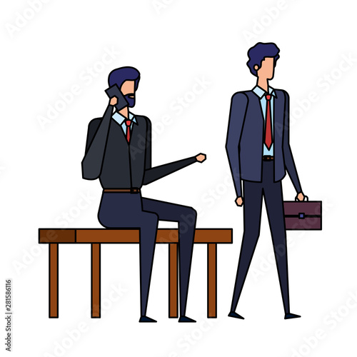 elegant businessmen calling with cellphones in the park chair
