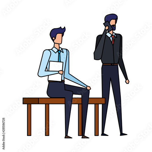 elegant businessmen calling with cellphones in the park chair