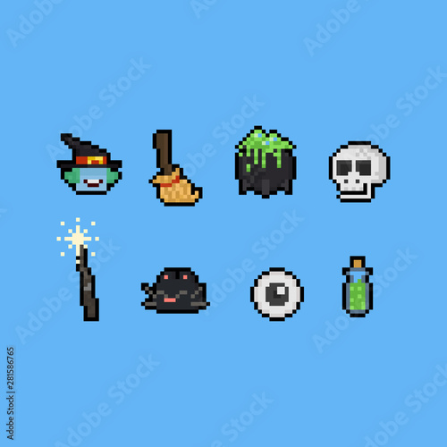 Pixel art cartoon witch elements.8bit.halloween.