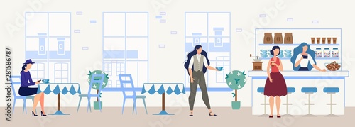 Women Drinking Coffee in Cozy Cafe Flat Vector