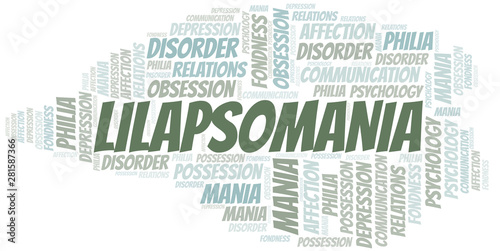 Lilapsomania word cloud. Type of mania, made with text only.