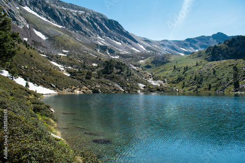 Mountain lake Estany de les Truites in Andorra Pyrenees  La Massana  refugi de coma pedrosa