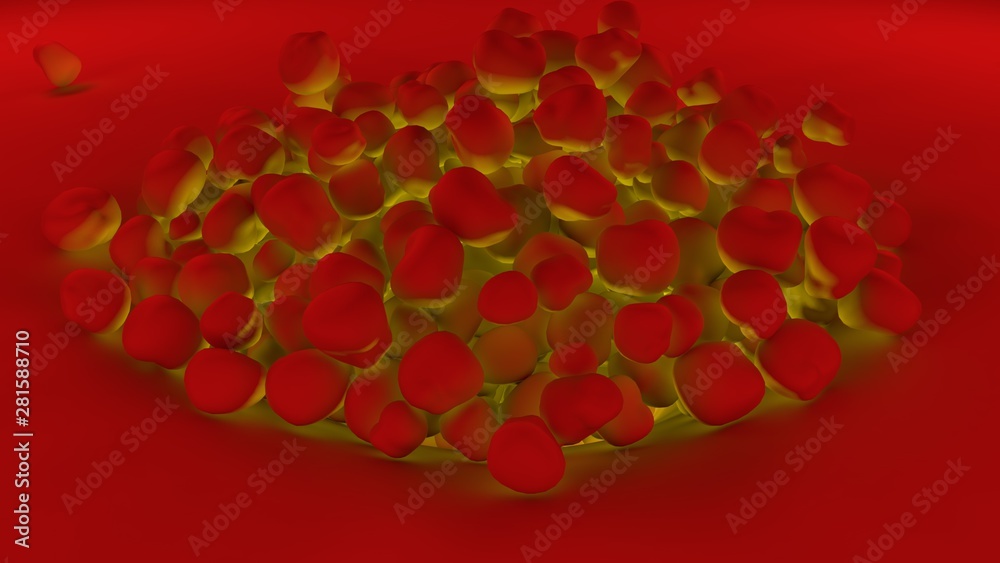 3D illustration of a variety of objects of round shape, red highlighted below in blue and yellow. 3D rendering of abstract monotonous background, futuristic design. Depression. 3D illustration of a variety of objects of round shape, red highlighted below in blue and yellow. 3D rendering of abstract monotonous background, futuristic design. Depression.