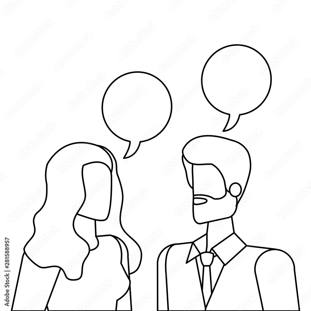 elegant business couple speaking with speech bubbles