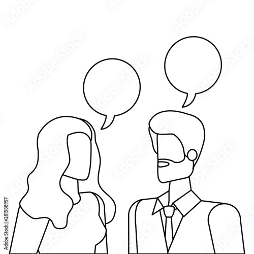 elegant business couple speaking with speech bubbles