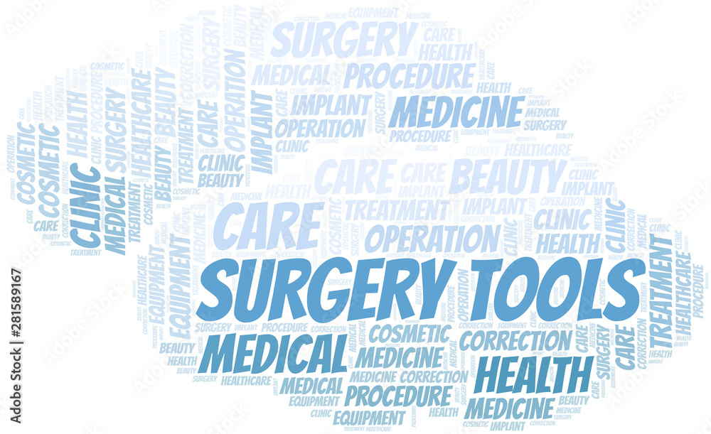 Surgery Tools word cloud vector made with text only. Surgery Tools word cloud vector made with text only.