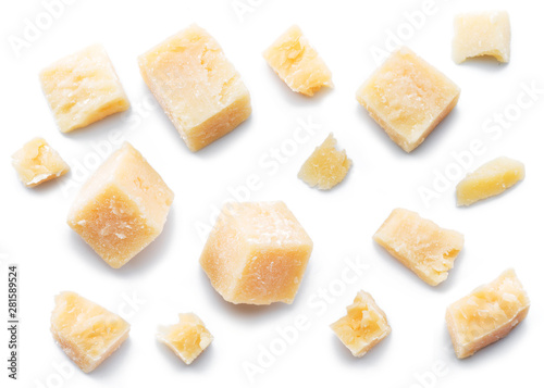 Parmesan cheese cubes and parmesan crumbs isolated on white background.