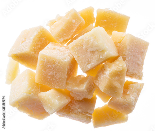 Parmesan cheese cubes isolated on white background.