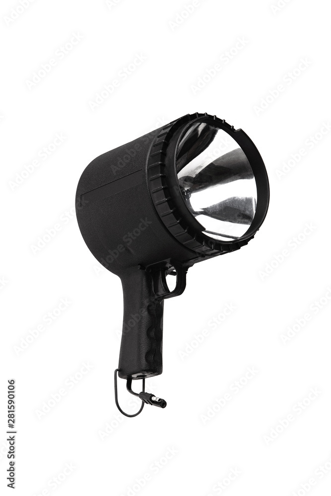 Flashlight with a large reflector close up on a white background. large hand-powerful lantern isolated on white background. Flashlight with a large reflector close up on a white background. large hand-powerful lantern isolated on white background.