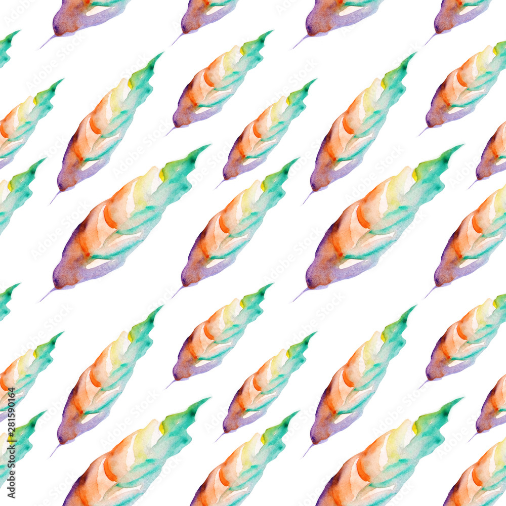 Watercolor feather pattern. Beautiful and bright illustration. Suitable for printing on paper and fabric. Watercolor feather pattern. Beautiful and bright illustration. Suitable for printing on paper and fabric.