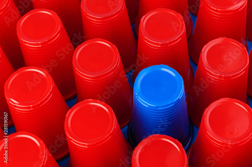 Beer pong  college party game. Plastic red and blue color cups