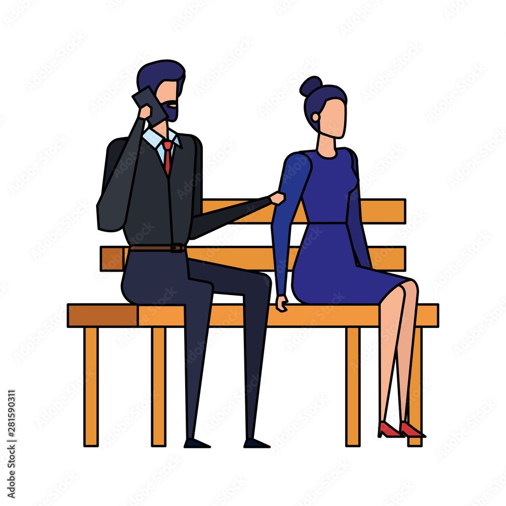 business couple calling with cellphone in the park chair business couple calling with cellphone in the park chair
